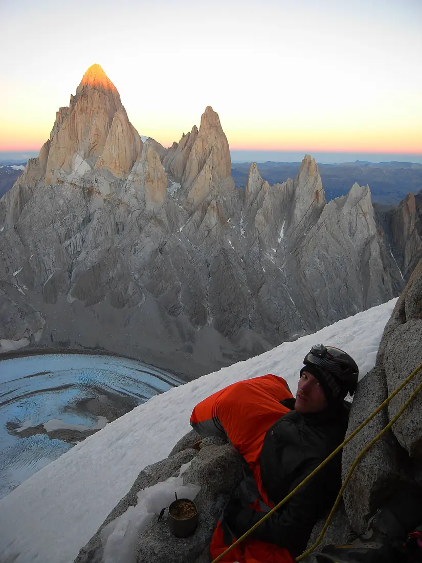 Bivouac on Cerro Torre with Fitz Roy in the background