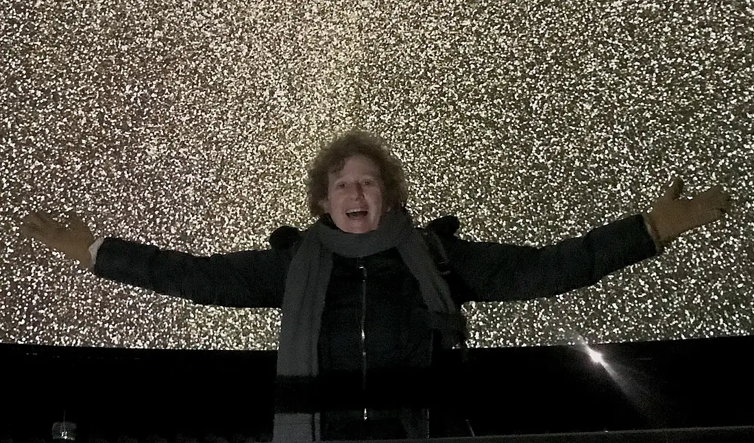 Alyssa Goodman under the Gaia Stars at New York's Hayden Planetarium (cropped)