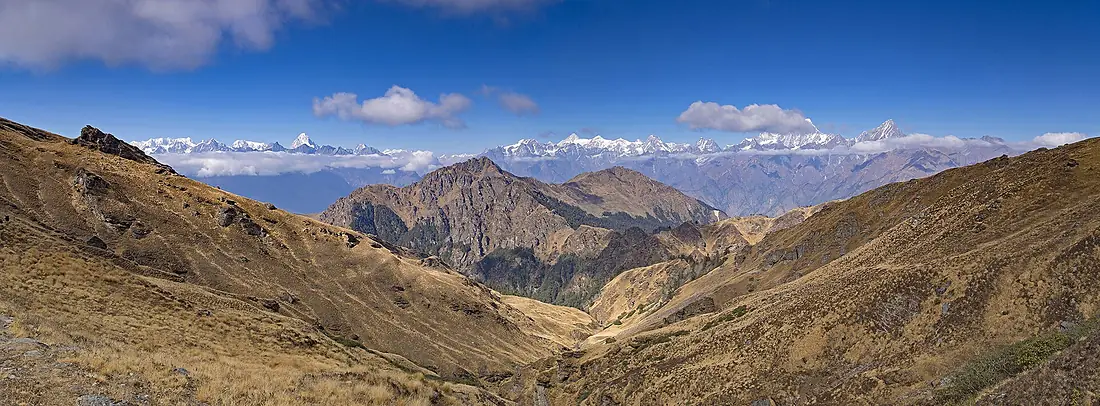 View of Himalayan Peaks Chaukhamba, Neelkanth, Kamet, Mana, Gori Parbat and Hathi Parbat from Kuari Pass