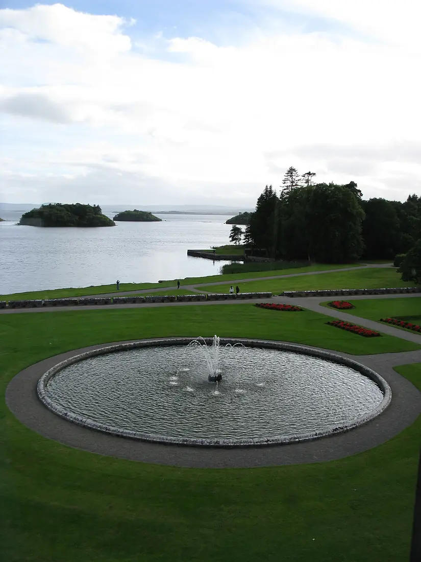 Ashford Castle, Lough Corrib and fountain
