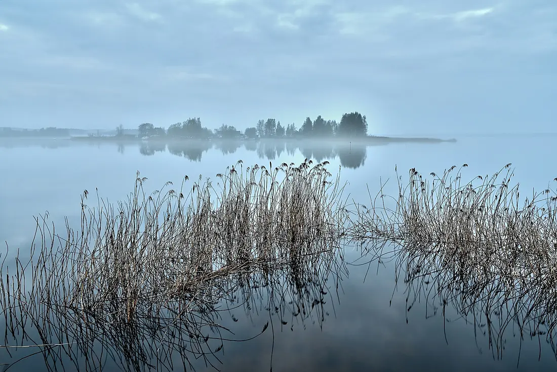 Seliger Lake. Southern coast. View of the island of Crow on a foggy morning