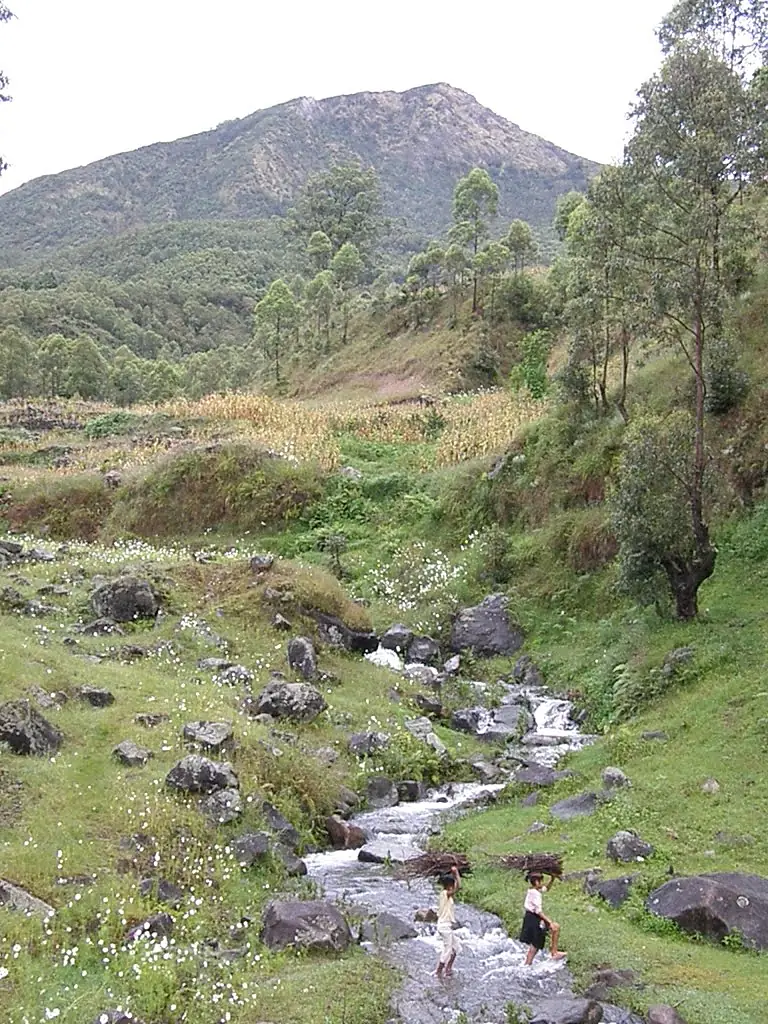 Life in the clouds. firewood collection and stream crossing with Mt Ramelau in the background, Hatu Builico valley, Ainaro, Timor-Leste